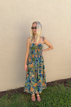 Twist Knot Tie Shoulder Tropical Sleeveless Midi Dress