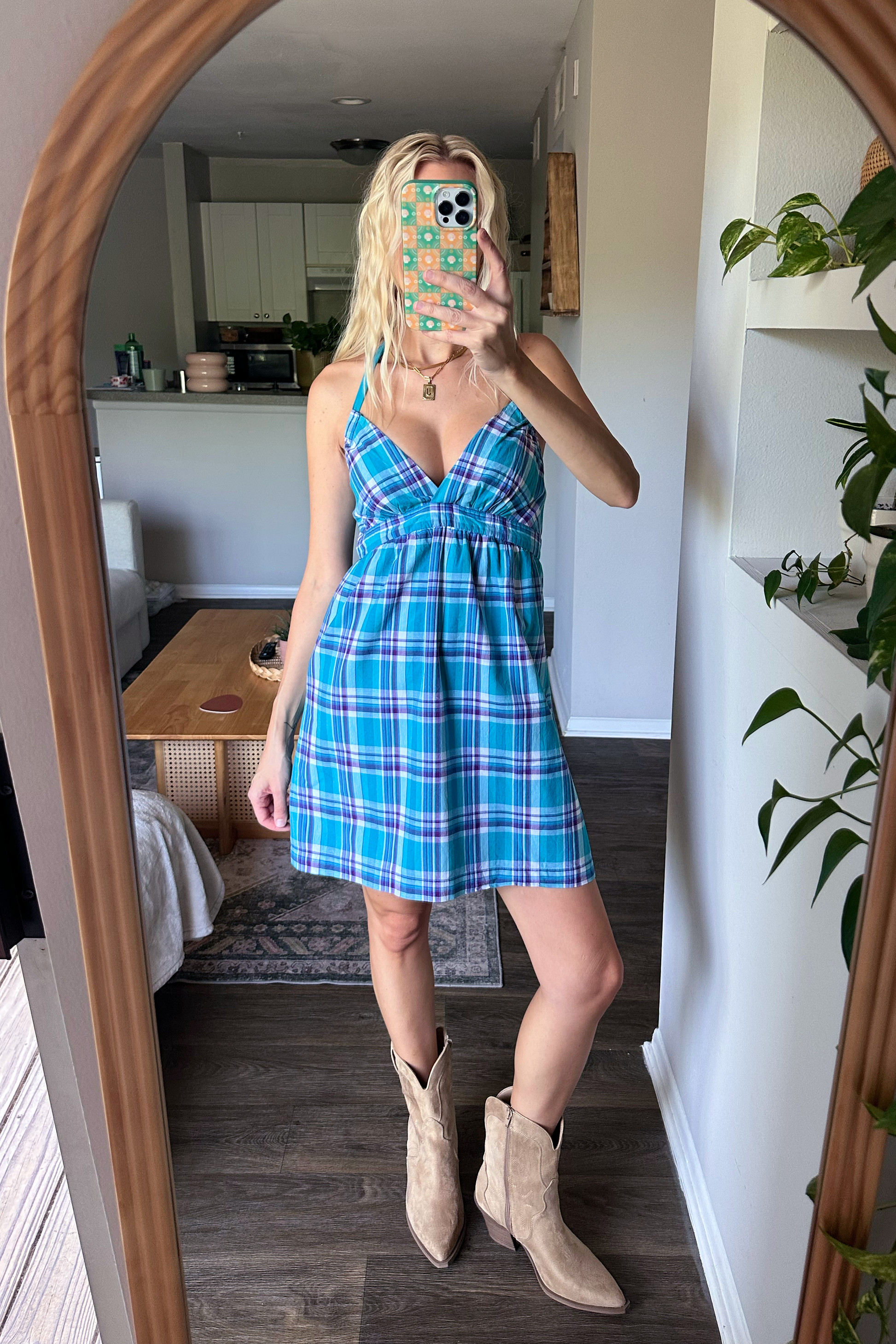 Vintage 90s/00s Plaid Halter V-Neck Mini Dress