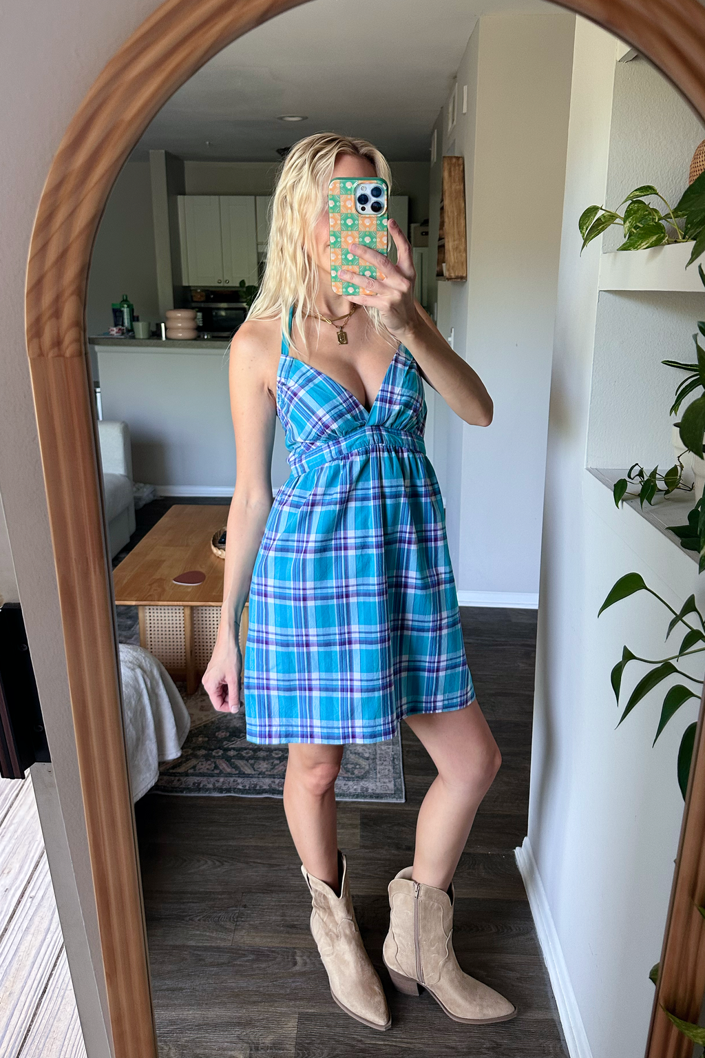 Vintage 90s/00s Plaid Halter V-Neck Mini Dress