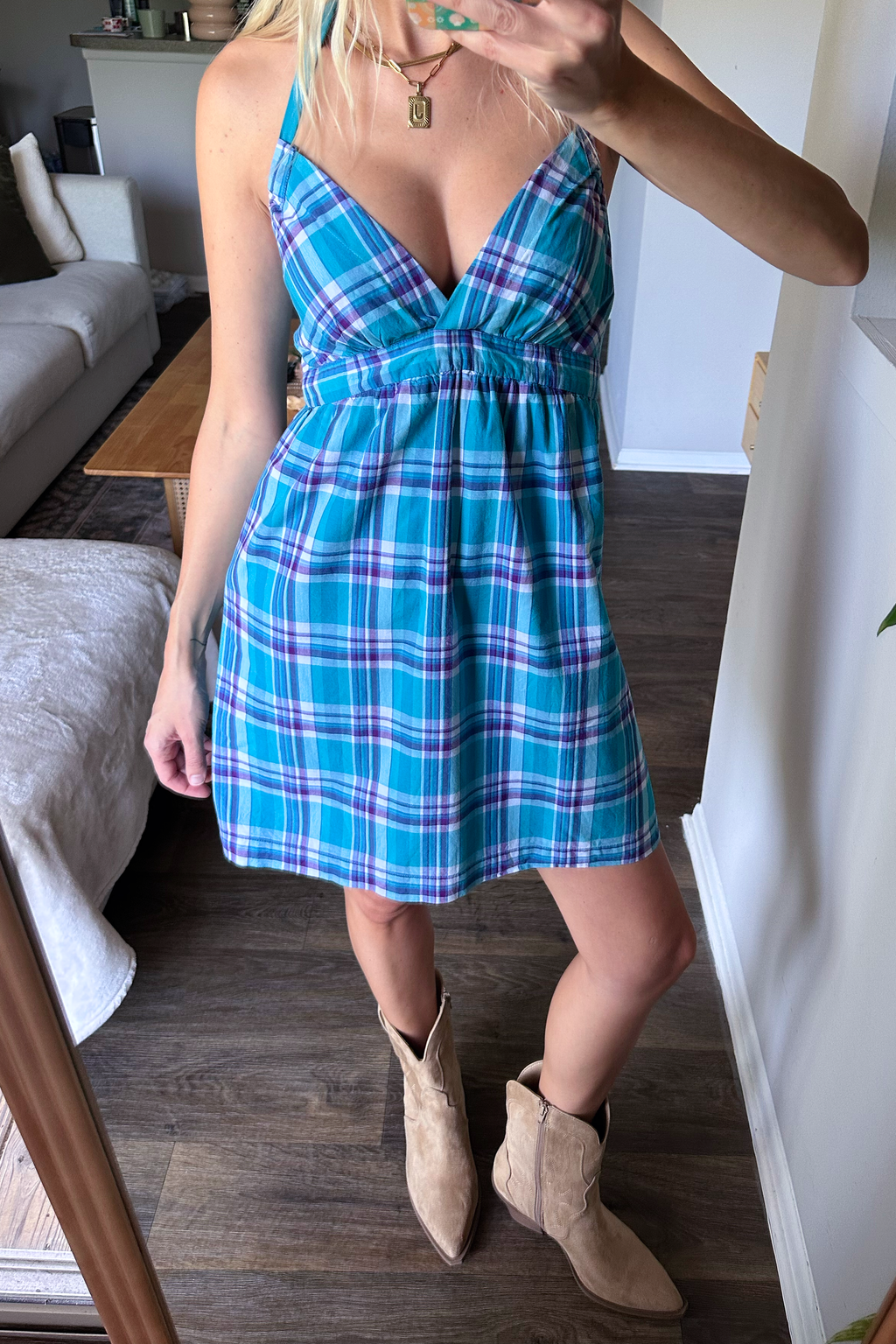 Vintage 90s/00s Plaid Halter V-Neck Mini Dress