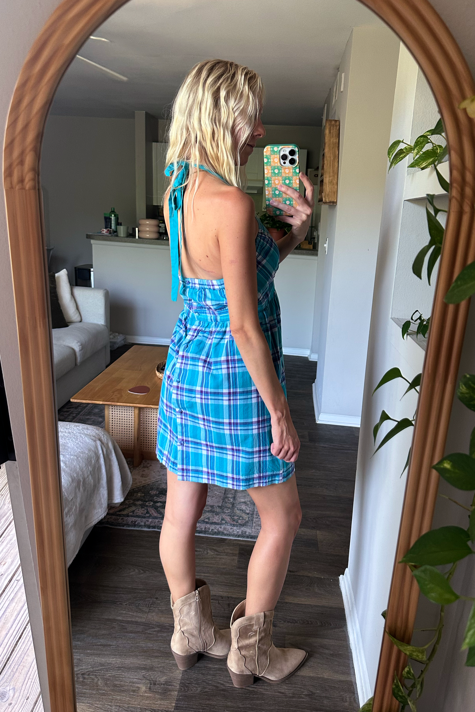Vintage 90s/00s Plaid Halter V-Neck Mini Dress