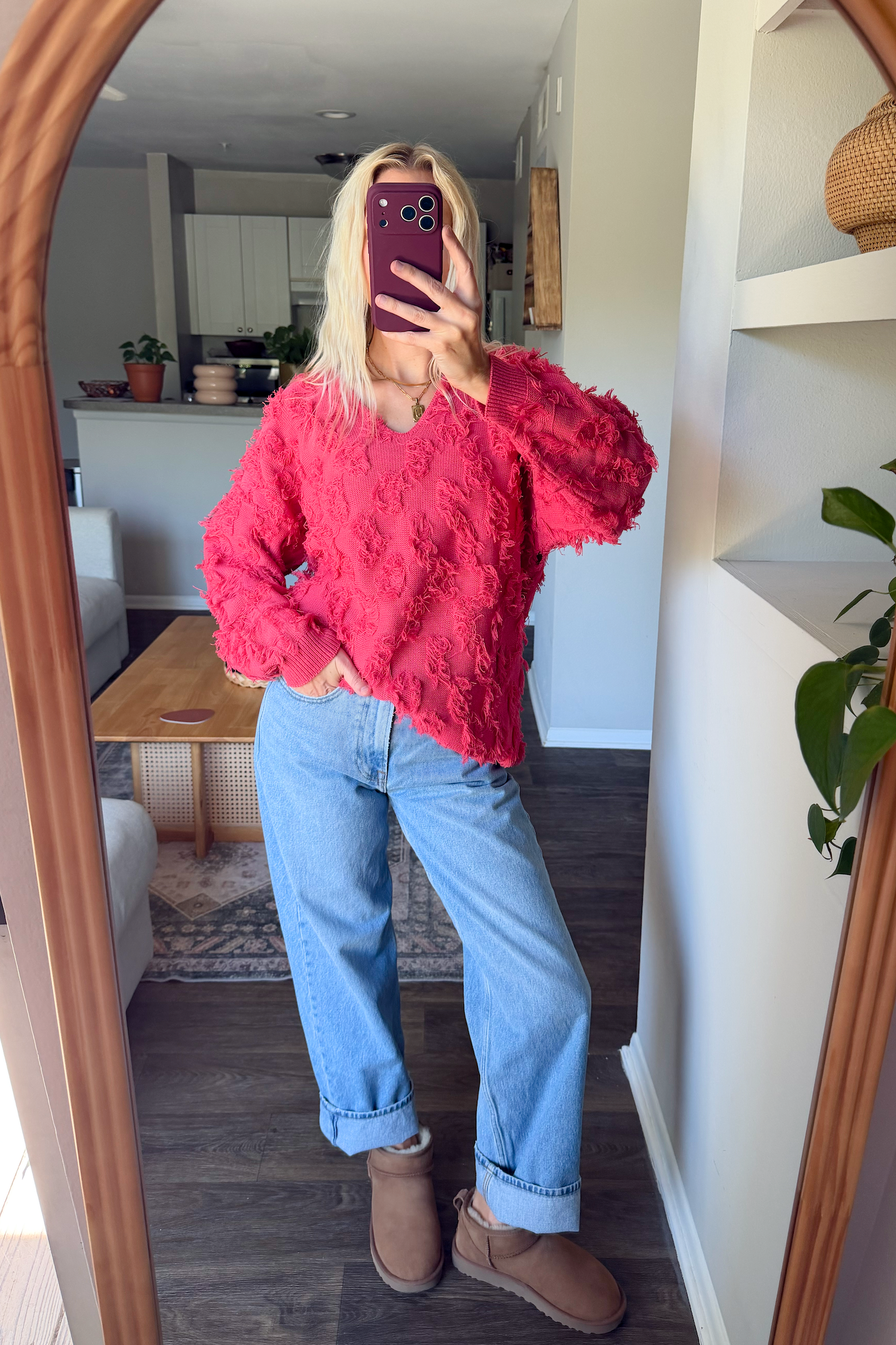 Vintage Pink Shaggy VNeck Sweater