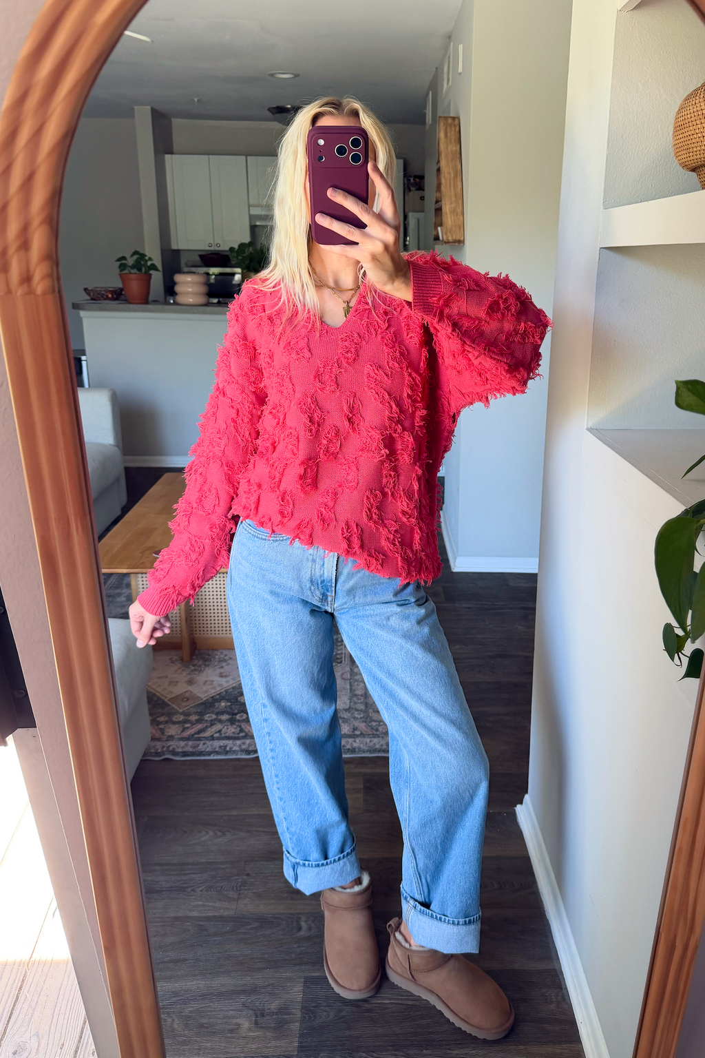 Vintage Pink Shaggy VNeck Sweater