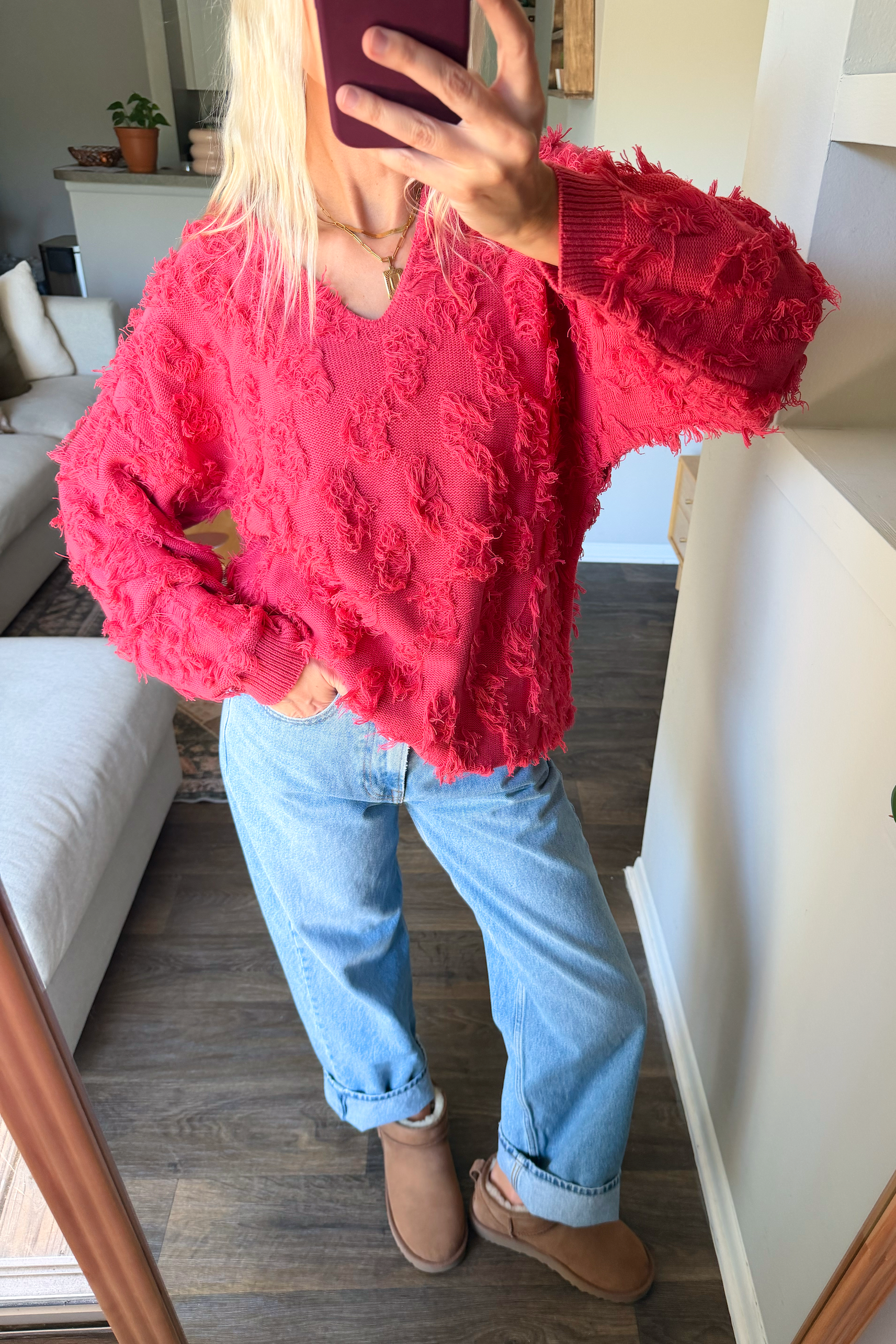 Vintage Pink Shaggy VNeck Sweater