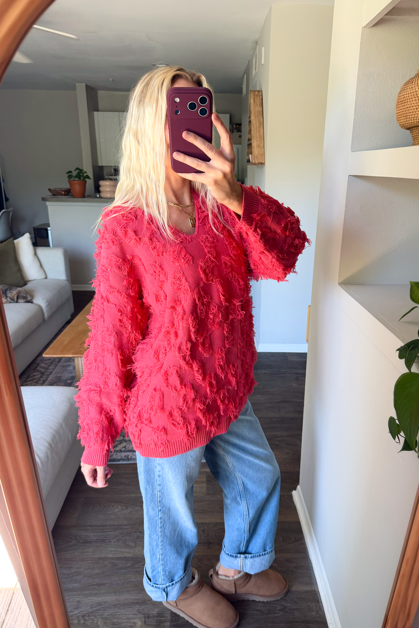 Vintage Pink Shaggy VNeck Sweater