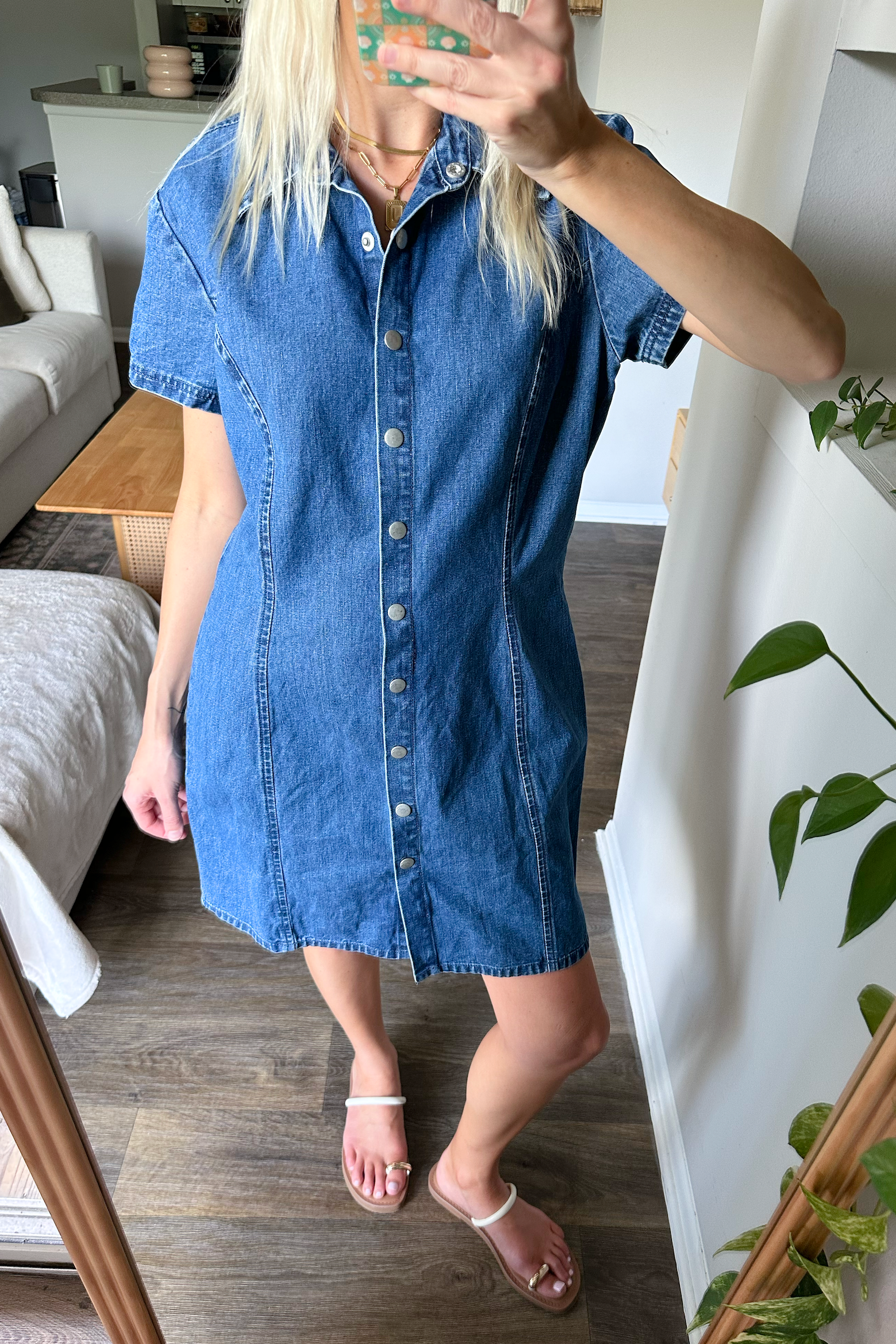 Vintage (L) 90s Short Sleeve Denim Mini Dress