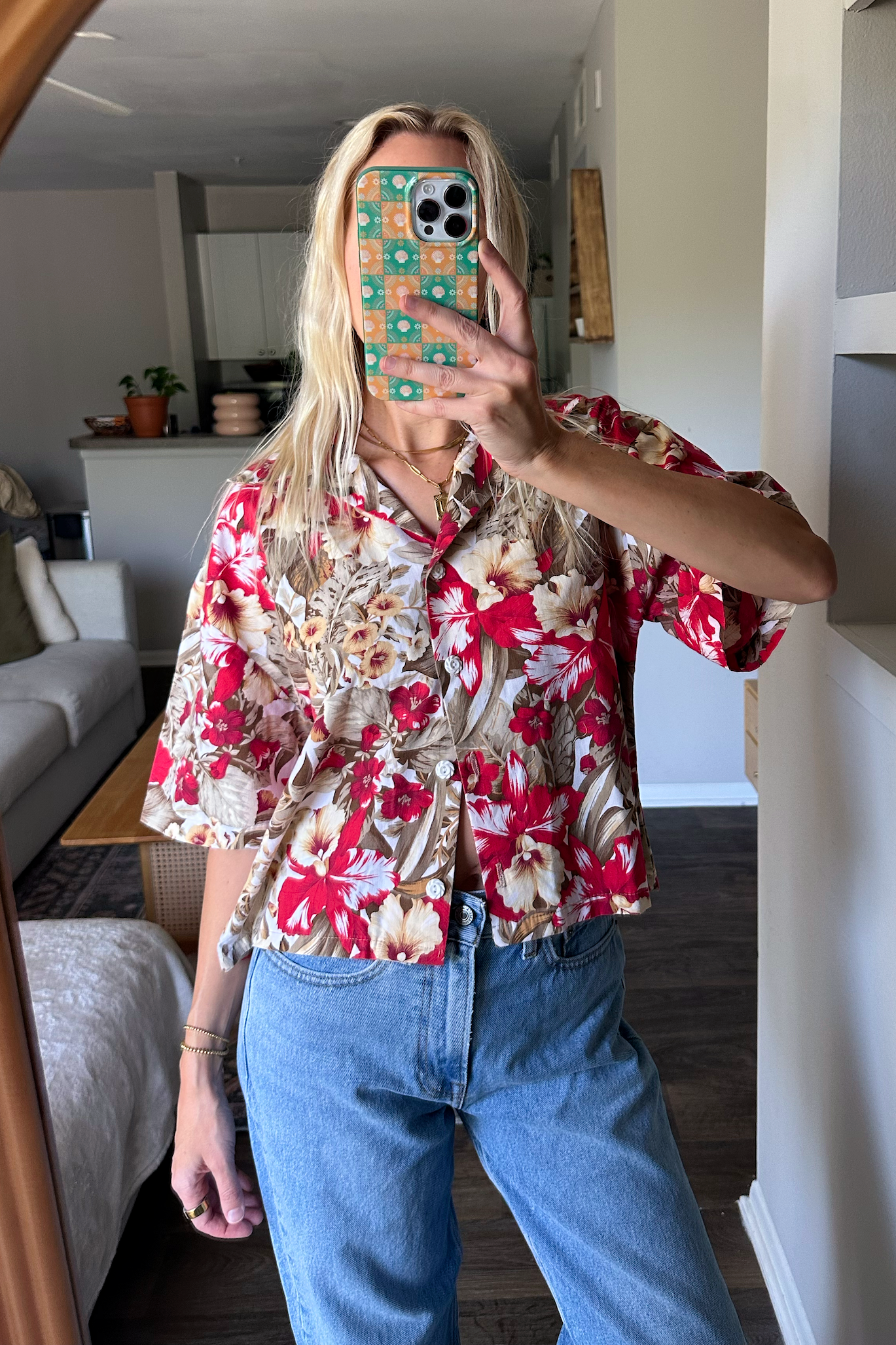 Vintage (M) Hawaiian Button Up Cropped Shirt