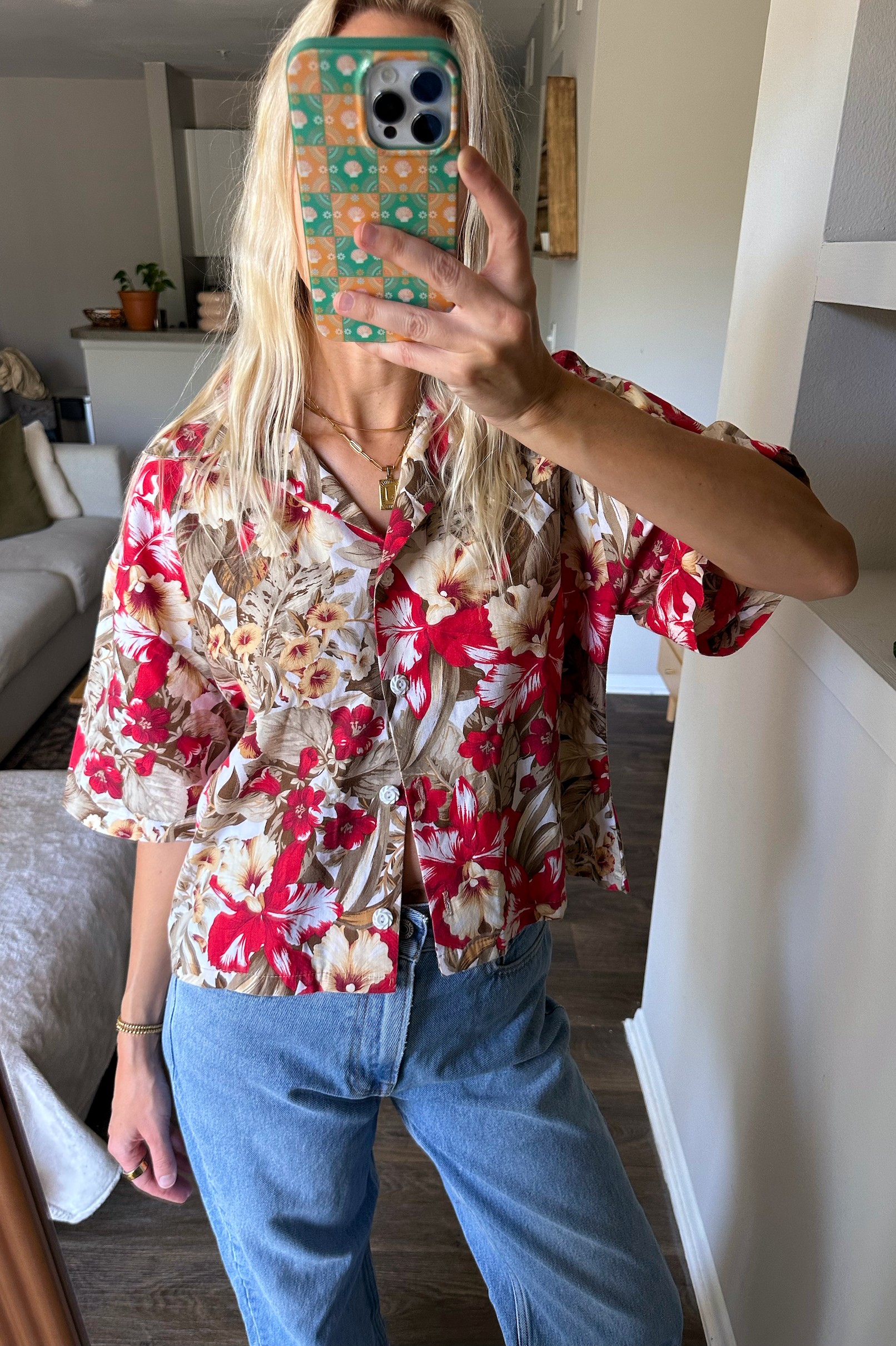 Vintage (M) Hawaiian Button Up Cropped Shirt