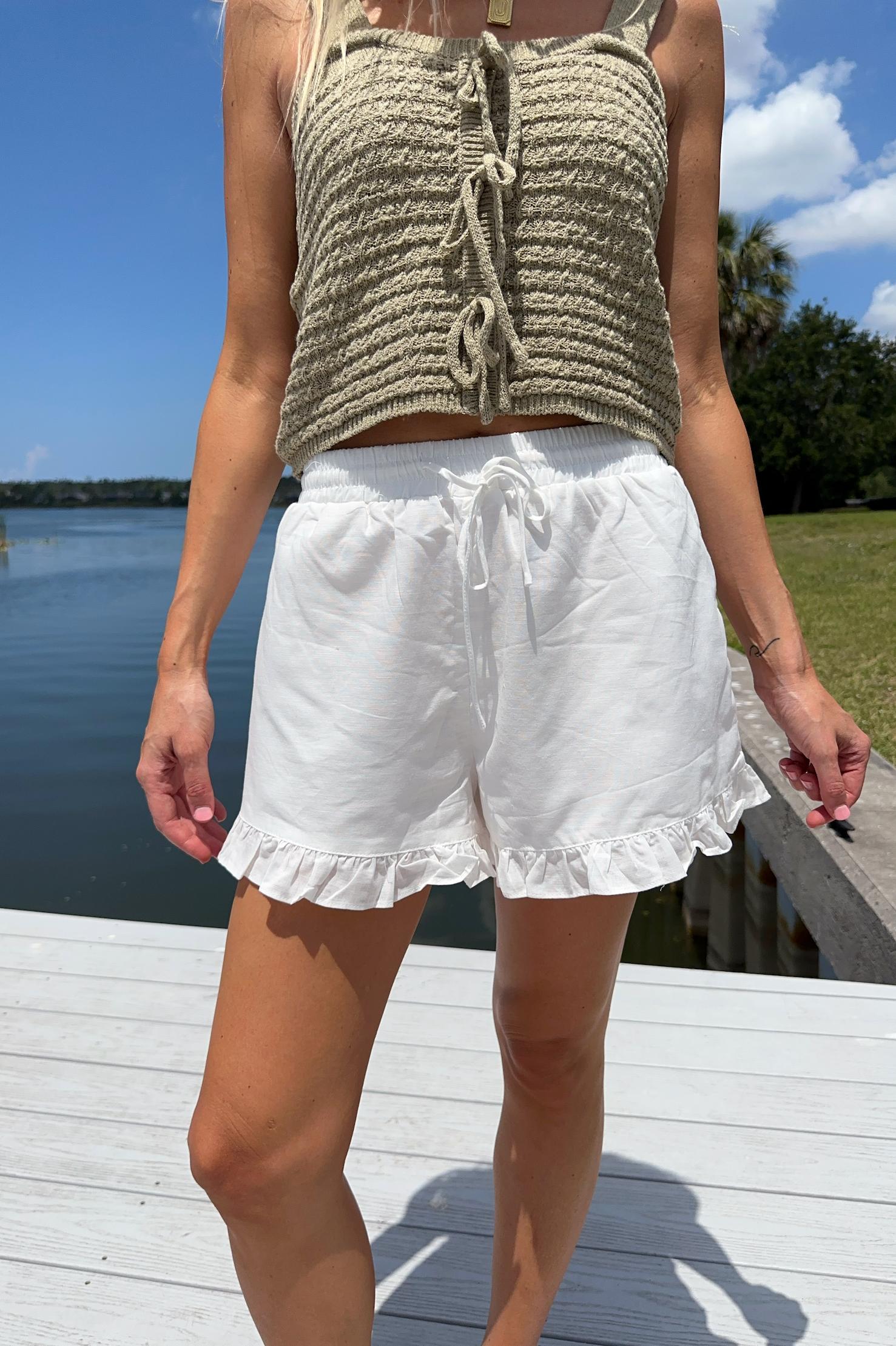White Linen Ruffle Hem Shorts