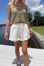 White Linen Ruffle Hem Shorts