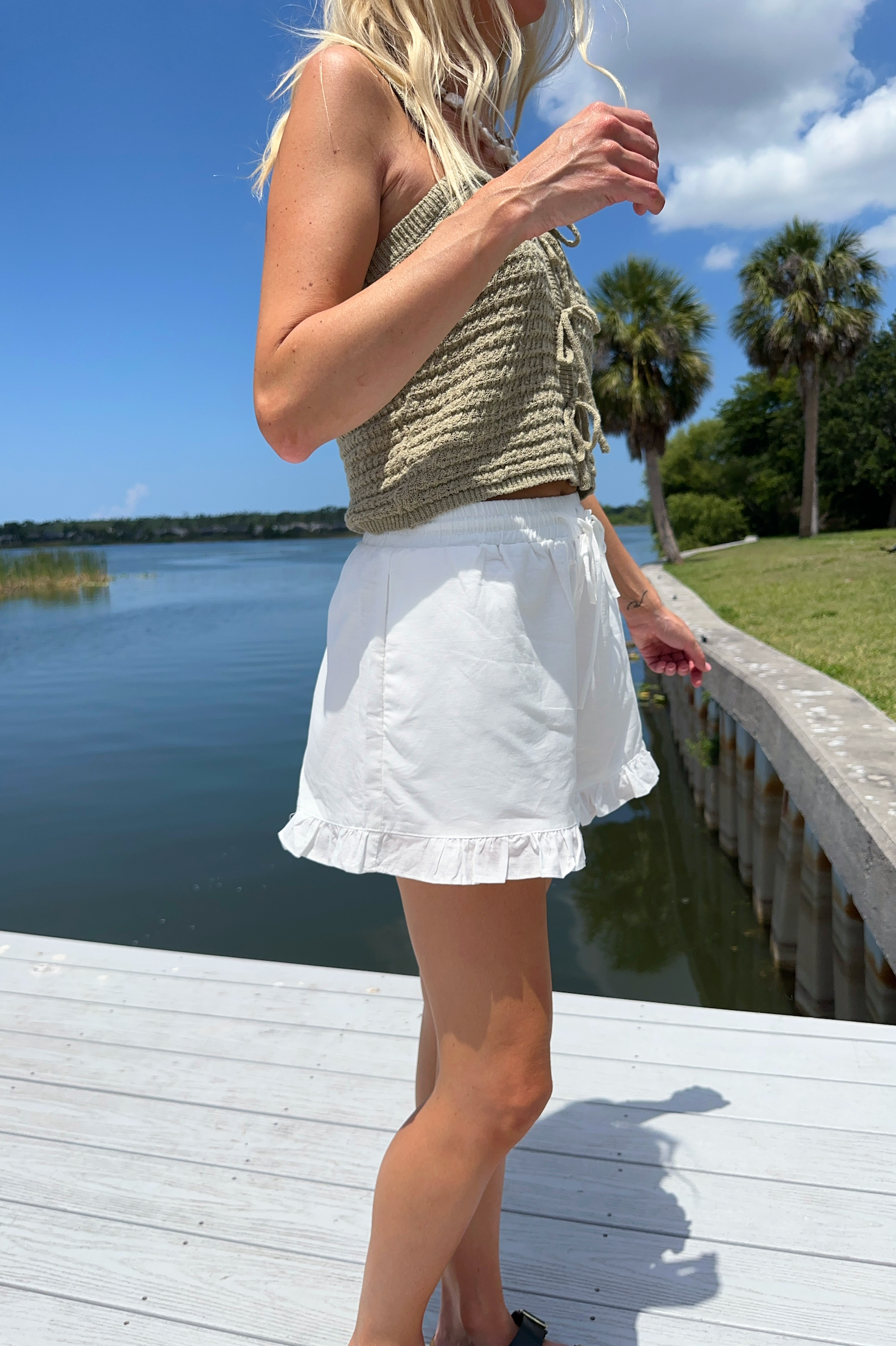 White Linen Ruffle Hem Shorts