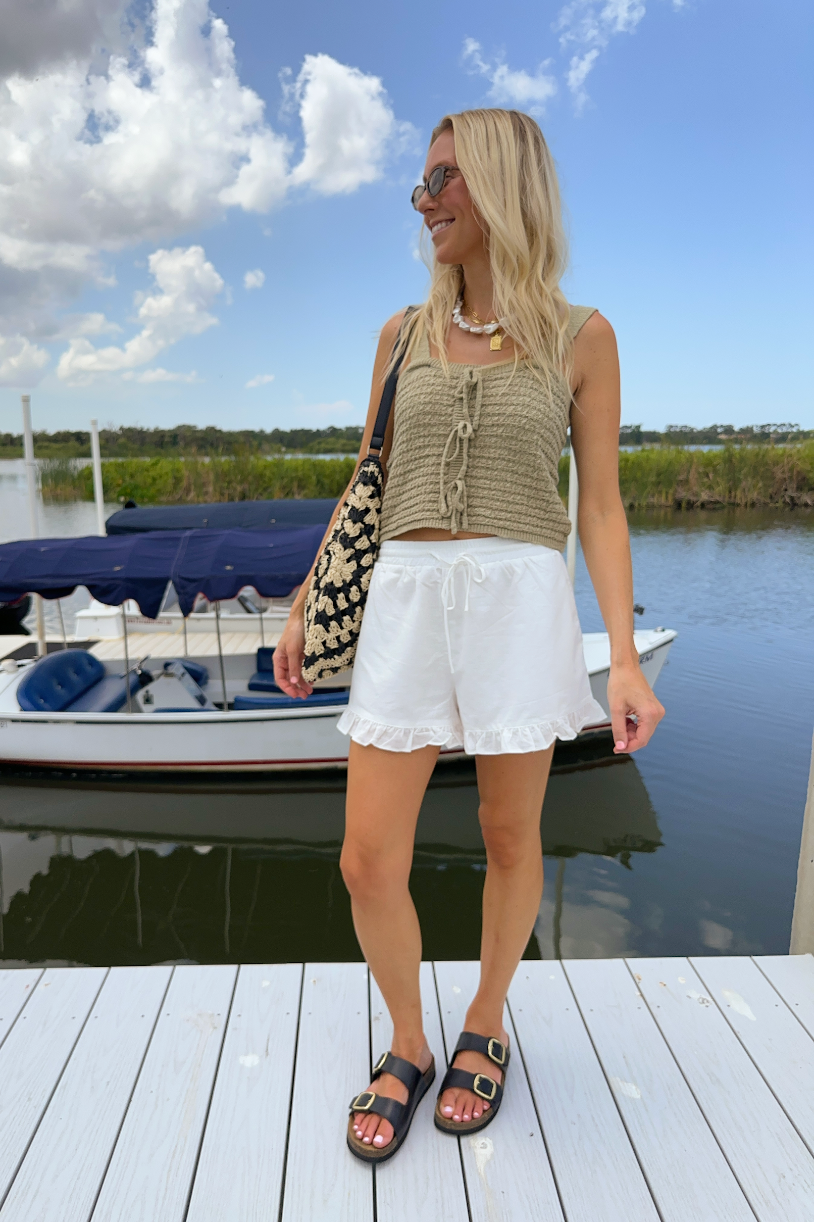 White Linen Ruffle Hem Shorts